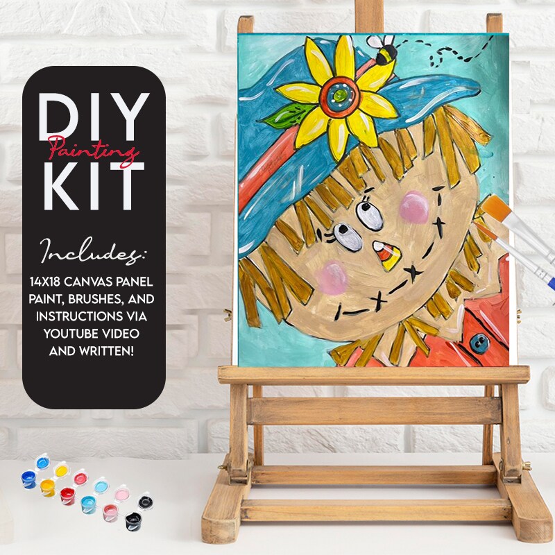 Silly Scarecrow, Video Instructional Paint Kit, 11x14 inch, DIY Canvas Art Kit, Kid and Adult Painting